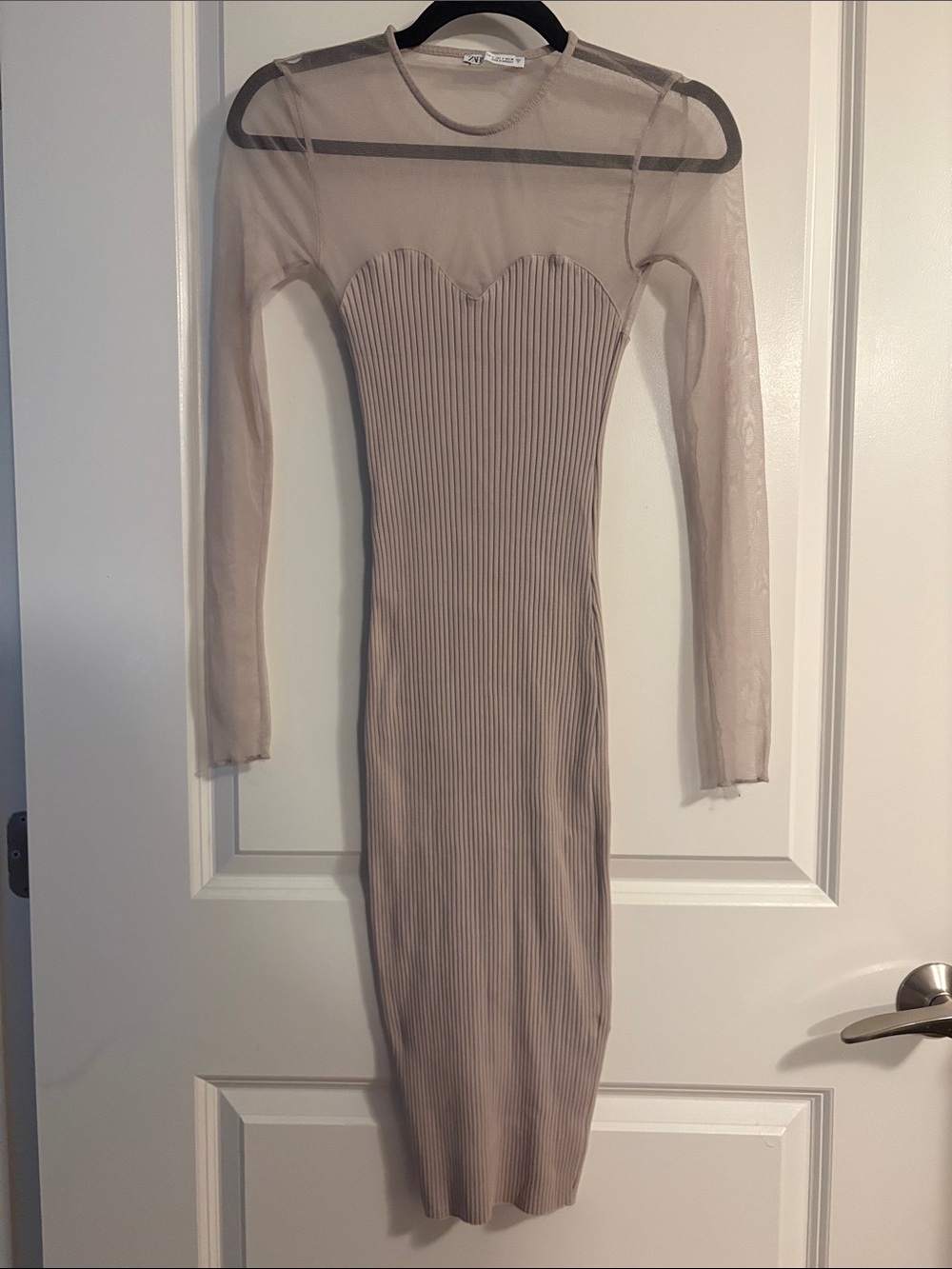 Zara Sheer Long Sleeve Ribbed Midi Dress in Beige